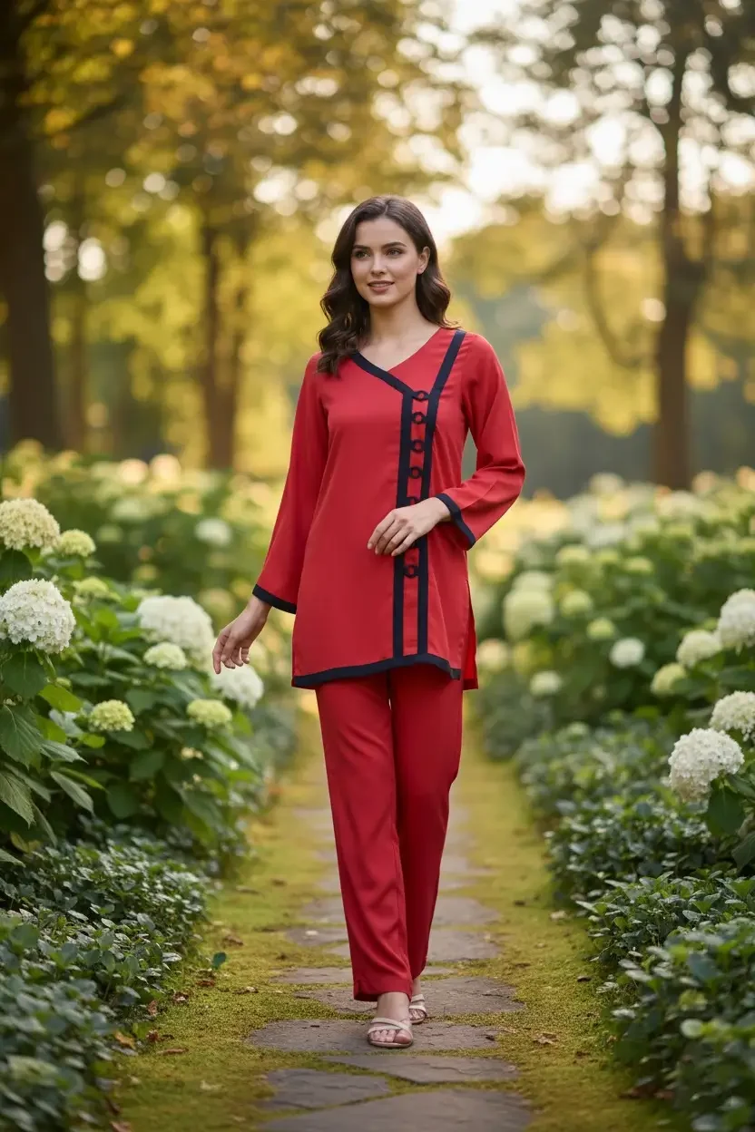 red Women’s Red Chiffon Kurta Set – 2 Piece Ready to Wear Elegant Outfit for Parties & Events - Image 1