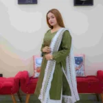 Women Green 3 Piece Embroidered Suit – Cotton Kurta Set with Georgette Dupatta Festive Wear - Image 3